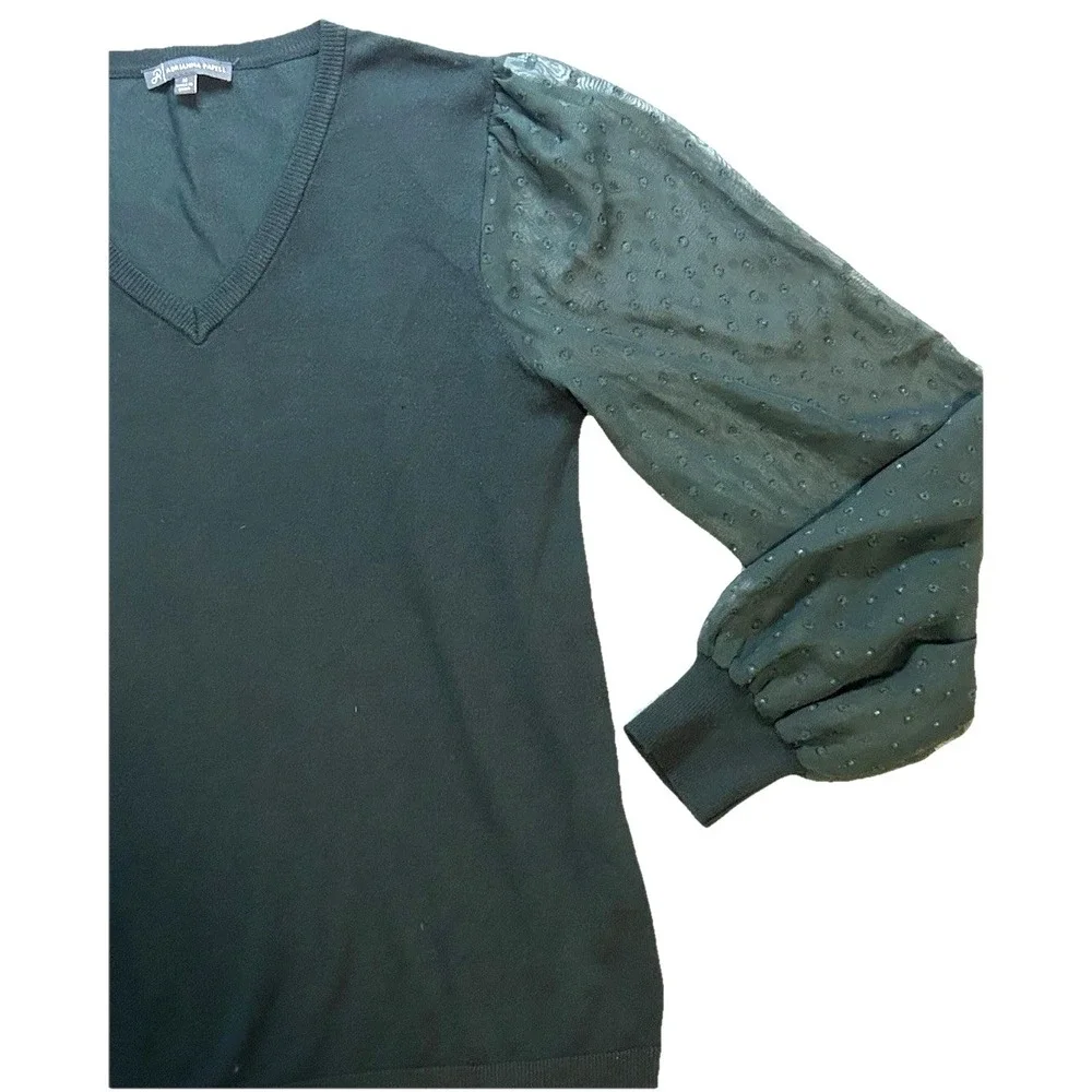 Adrianna Papell Sweater Women's Medium Christmas Party Green V-Neck Sheer Sleeve